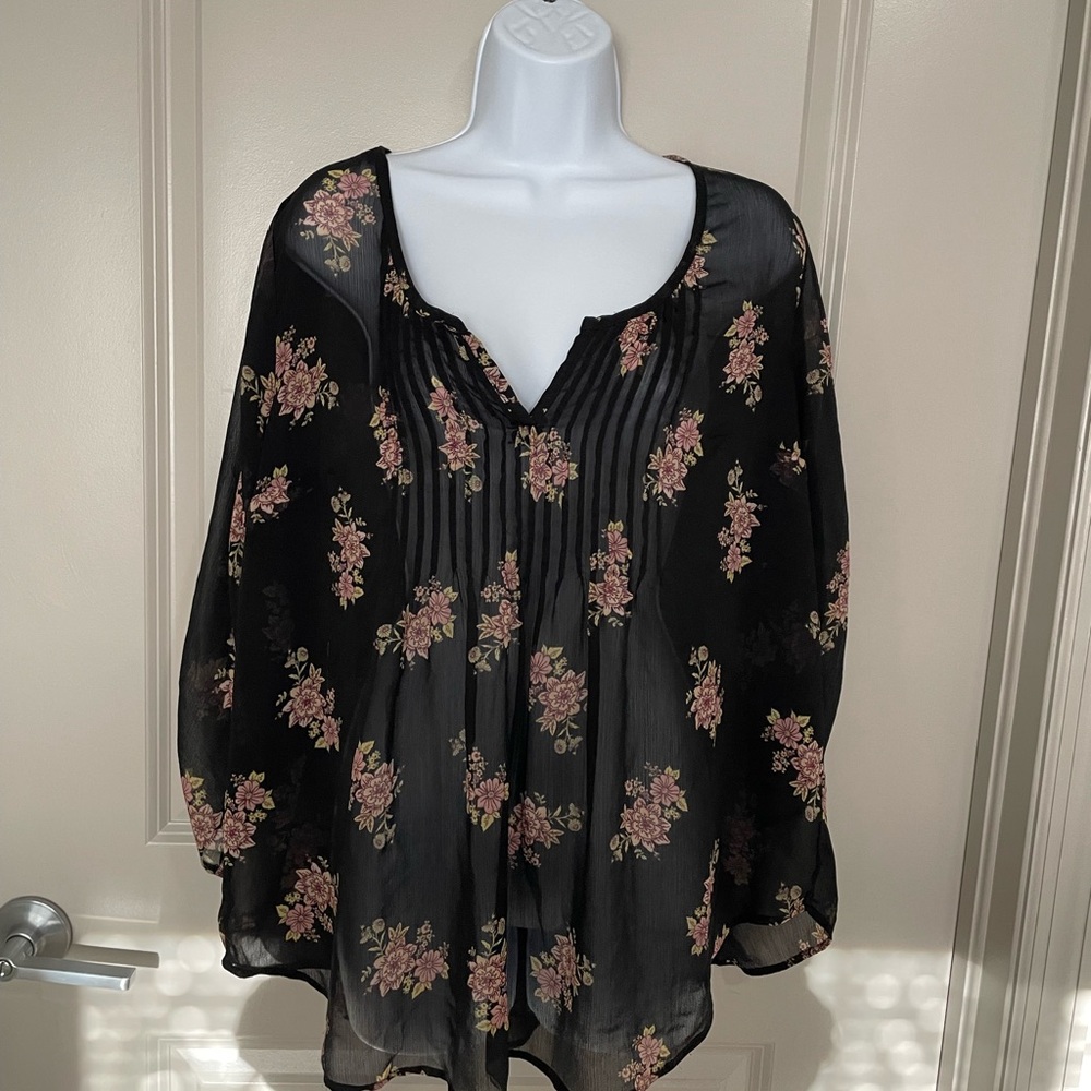 Torrid Black Blouse with Pink Floral Pattern
